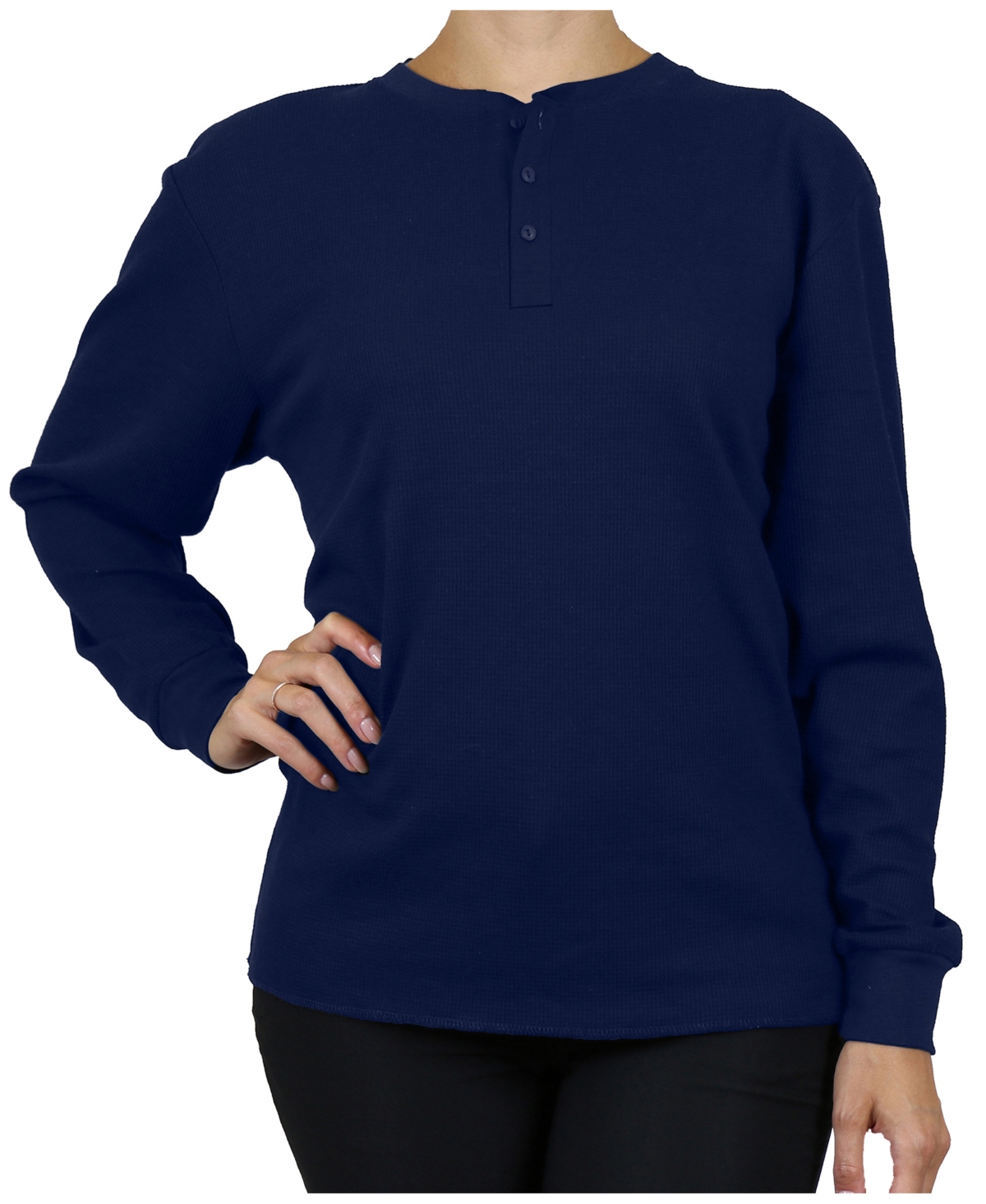 Shop Galaxy By Harvic Women's Oversize Loose Fitting Waffle-knit Henley Thermal Sweater In Navy