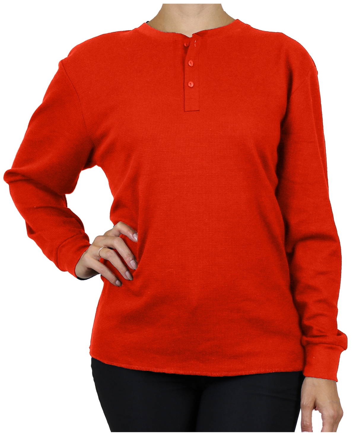 Galaxy By Harvic Women's Oversize Loose Fitting Waffle-knit Henley Thermal Sweater In Red