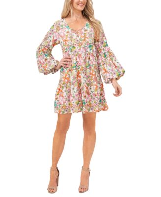 Printed Balloon-Sleeve Dress 