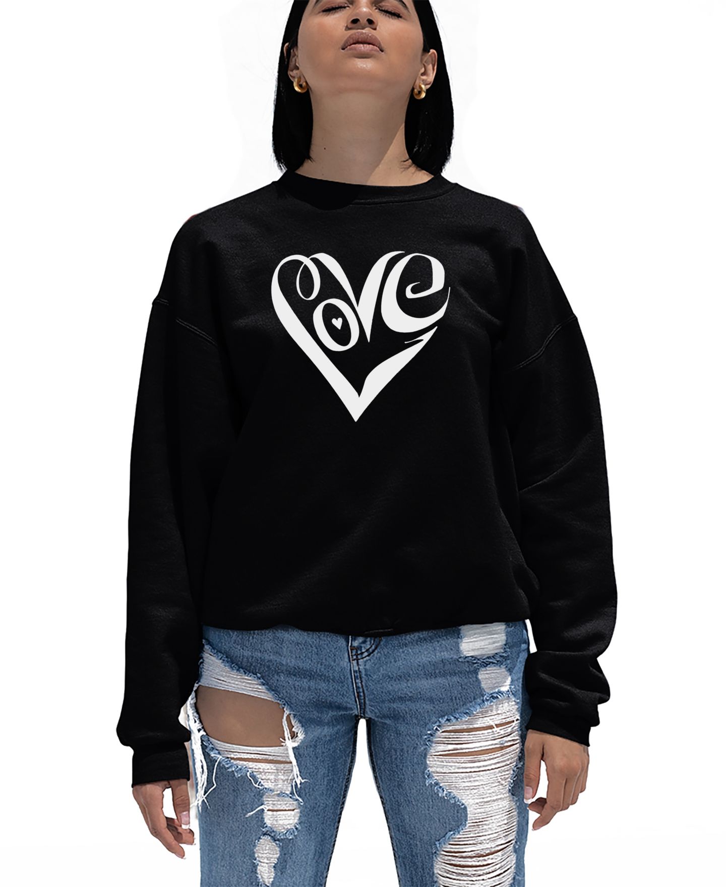 Женская толстовка LA Pop Art Crewneck Word Art Script Love Heart Sweatshirt Top, цвет: Чёрный — фото 1