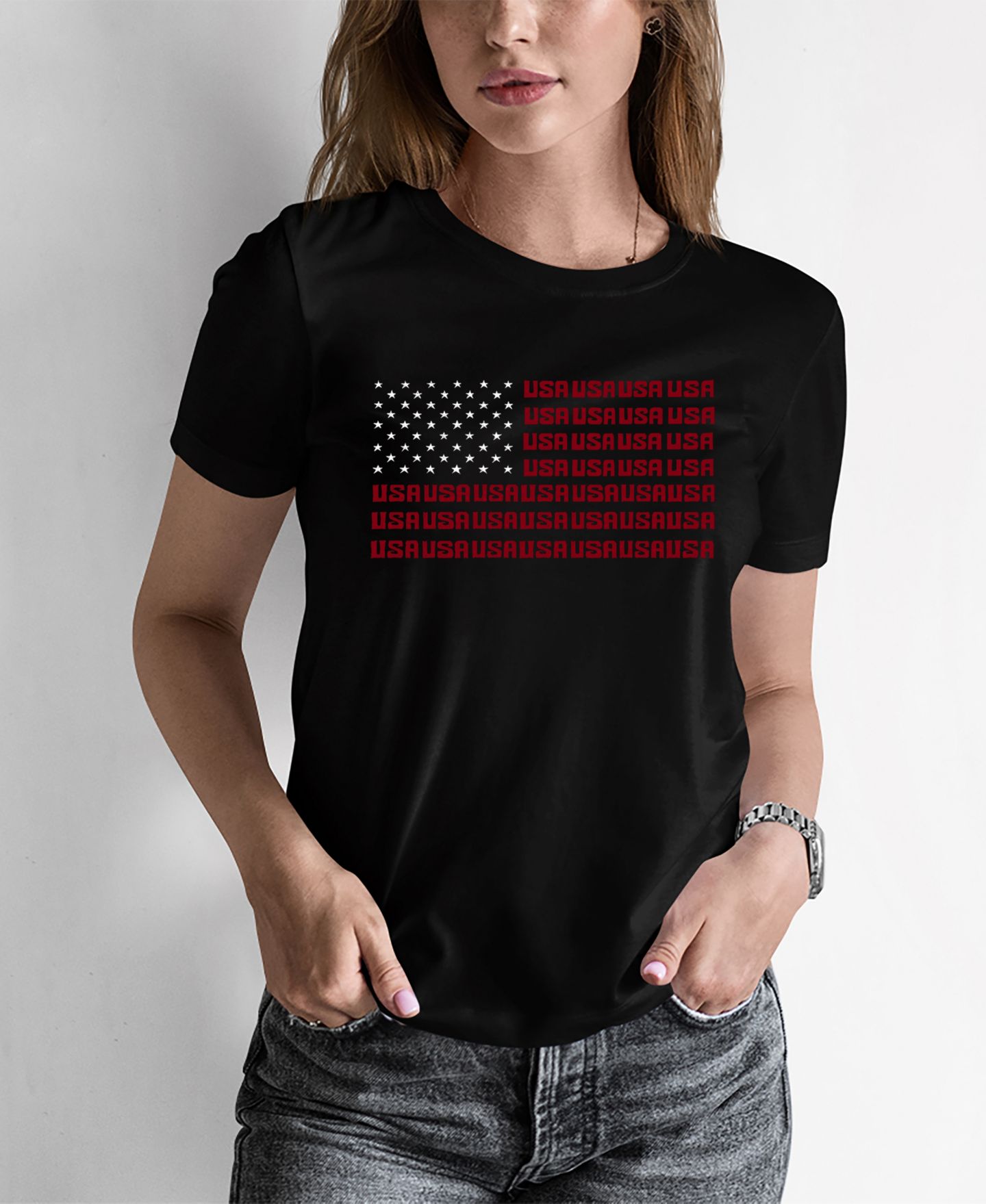 Женская футболка LA Pop Art Word Art USA Flag, цвет: Чёрный — фото 1