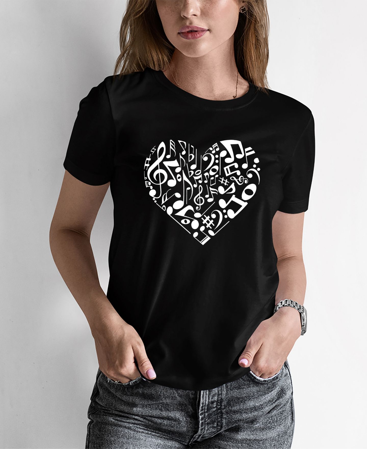 Женская футболка LA Pop Art Word Art Heart Notes, цвет: Чёрный — фото 1