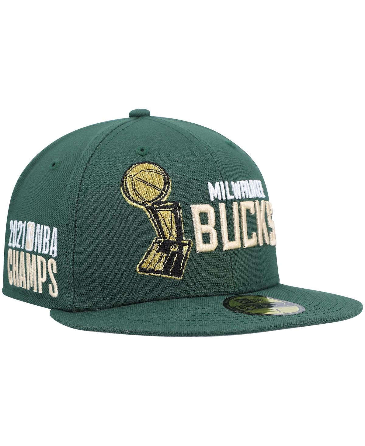 Shop New Era Men's  Hunter Green Milwaukee Bucks Champs Trophy 59fifty Fitted Hat