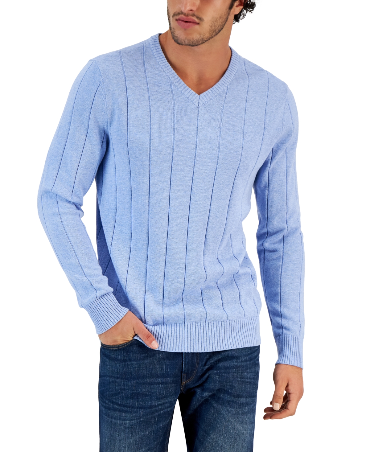 Men's Drop-Needle V-Neck Cotton Sweater, Created for Macy's - Blue Yonder