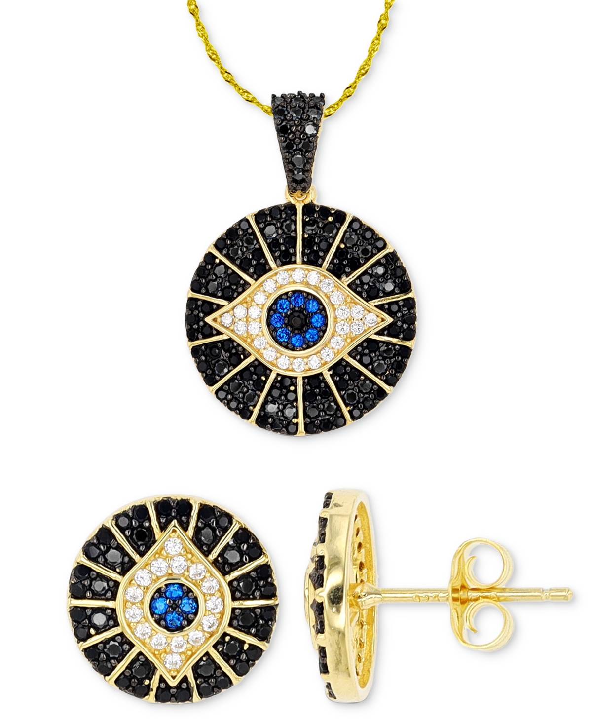 Macy's 2-pc. Set Cubic Zirconia Evil Eye Pendant Necklace & Matching Stud Earrings In 14k Gold-plated Sterl In Black