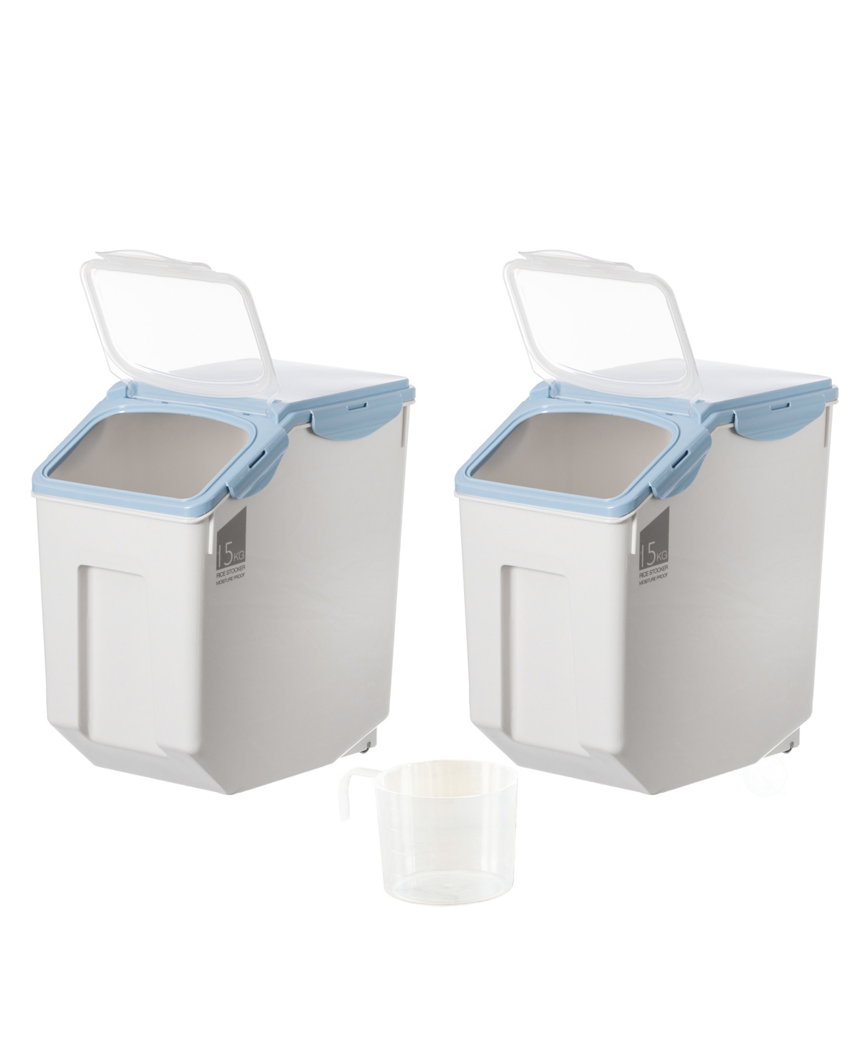 Basicwise Large Plastic Storage Food Holder Containers With A Measuring Cup And Wheels, Set Of 3 In White