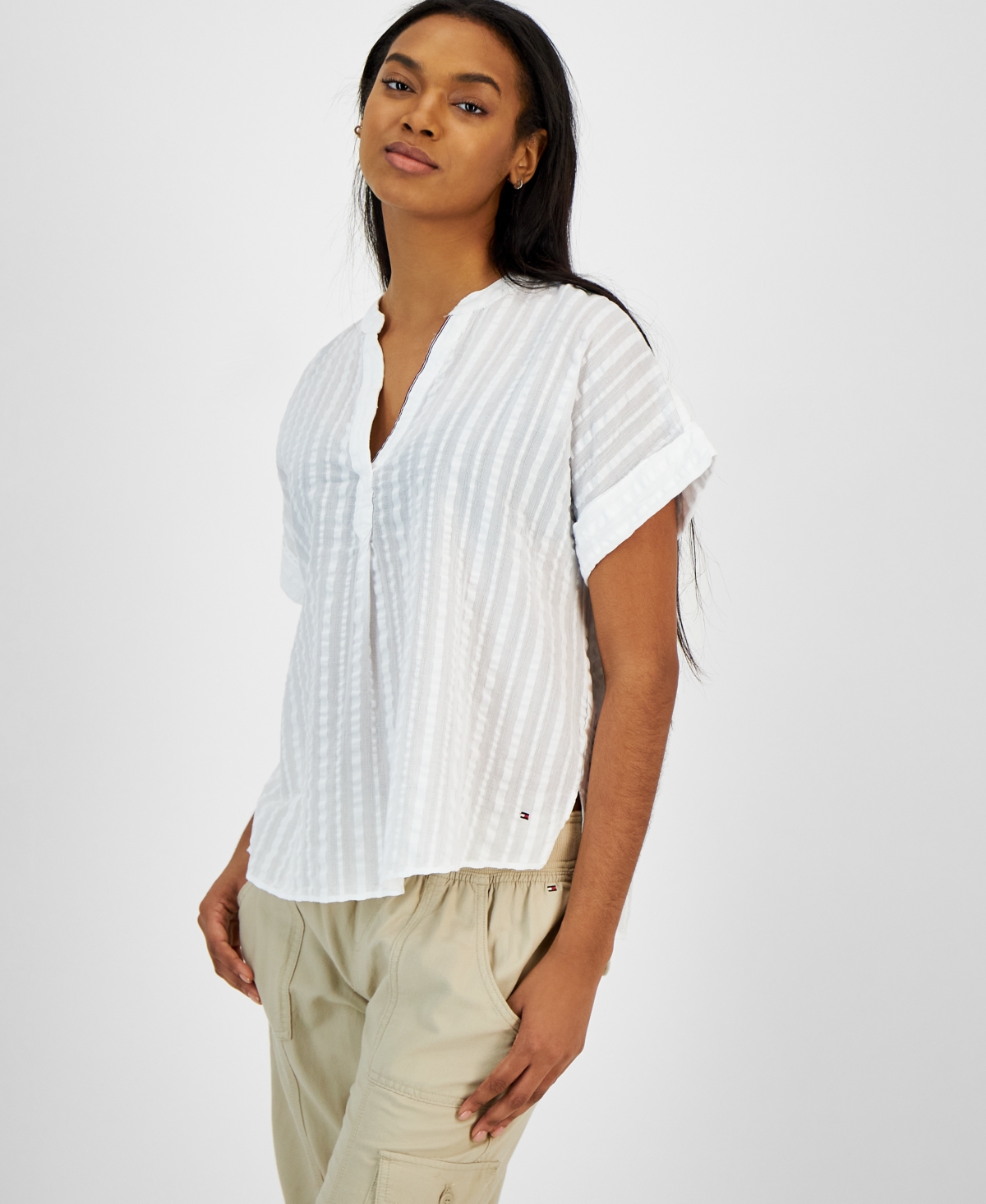 Tommy Hilfiger Women's Cotton Seersucker Damask-Stripe Popover Shirt