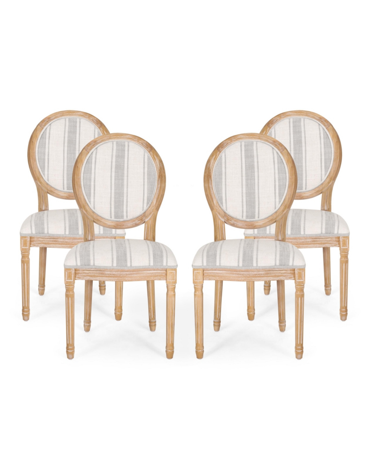 Noble House Phinnaeus French Country Dining Chairs Set, 4 Piece In Gray Stripes And Light Beige