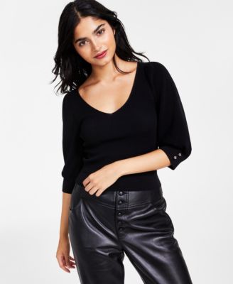Bar III - Women's Puff-Sleeve V-Neck Sweater