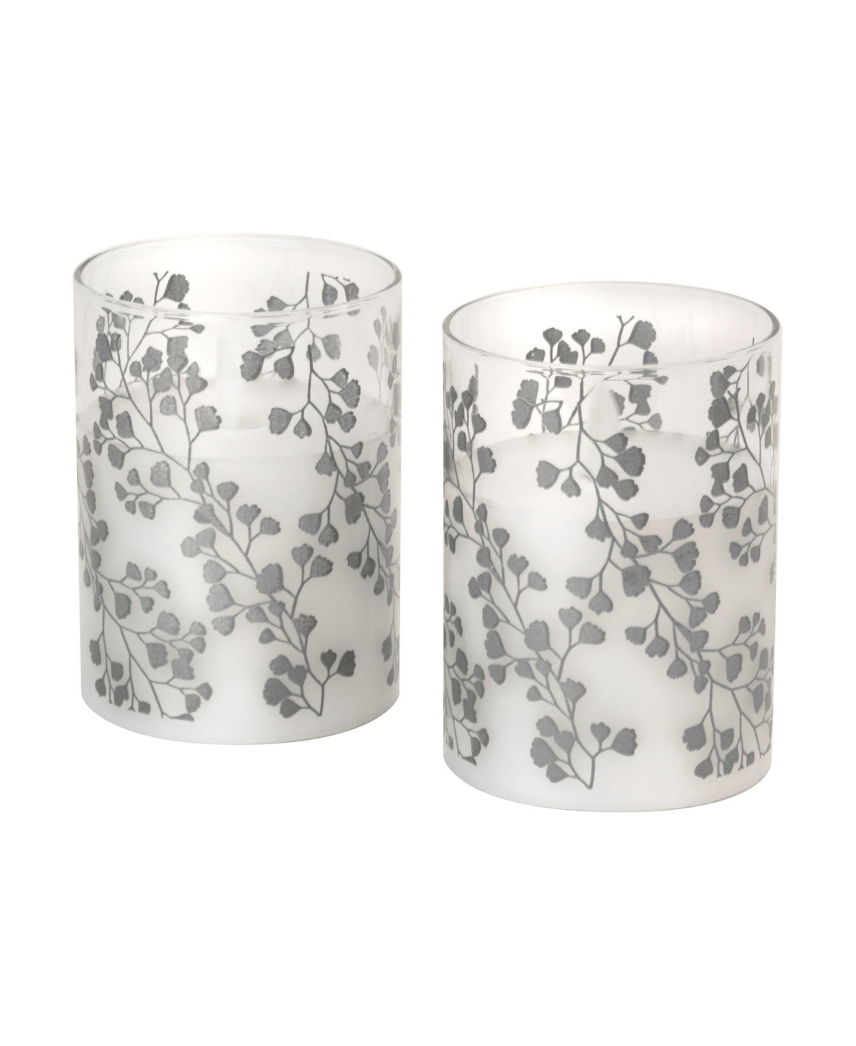 Battery Operated Fern Led Glass Candles with Moving Flame, Set of 2 - Silver-Tone