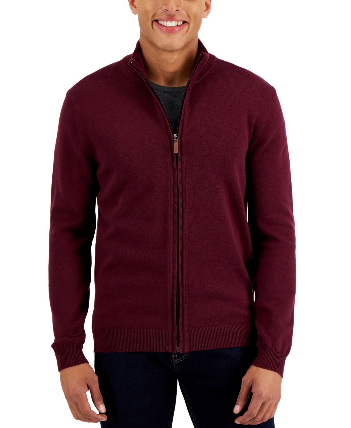 Men's Full-Zip Sweater, Created for Macy's - Red Plum