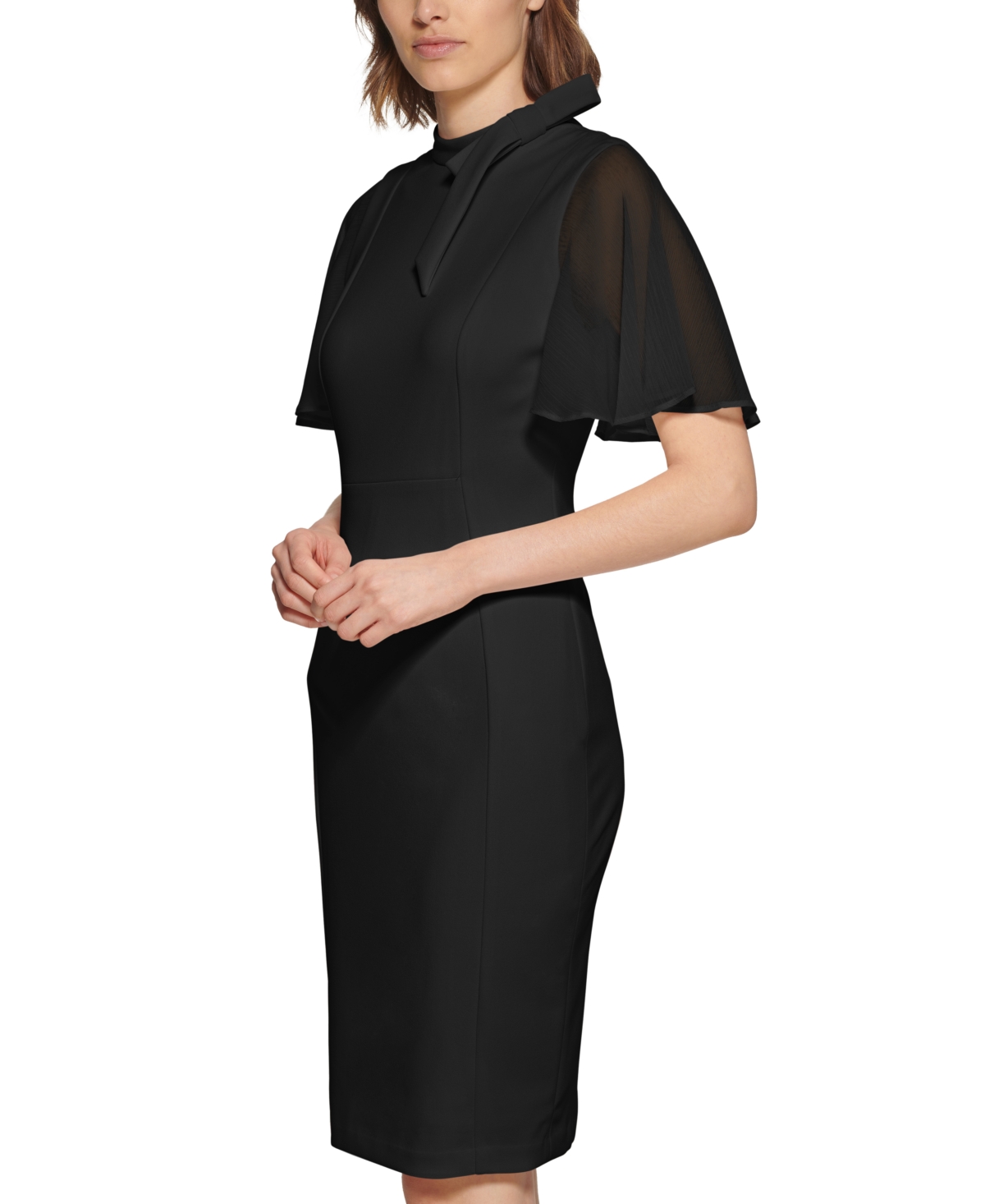 Shop Calvin Klein Tie-neck Chiffon-flutter-sleeve Sheath Dress In Black