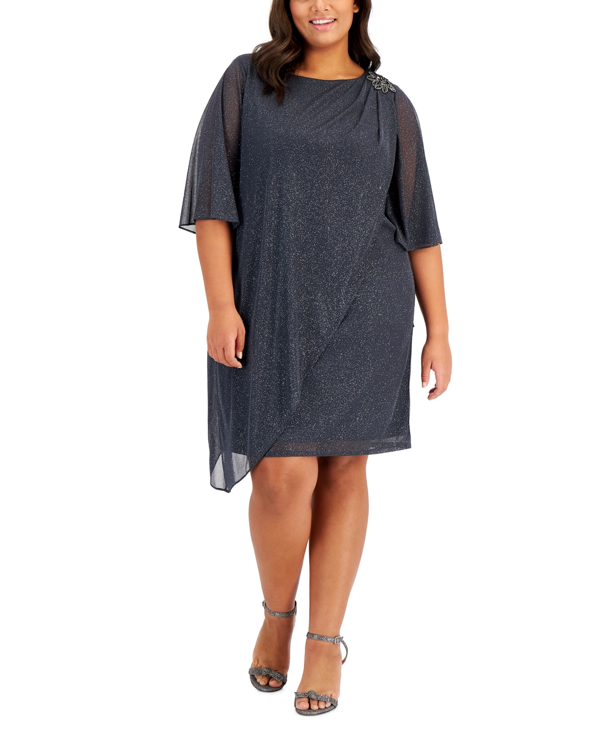 Sl Fashions Plus Size Overlay Shimmer Dress In Smoke