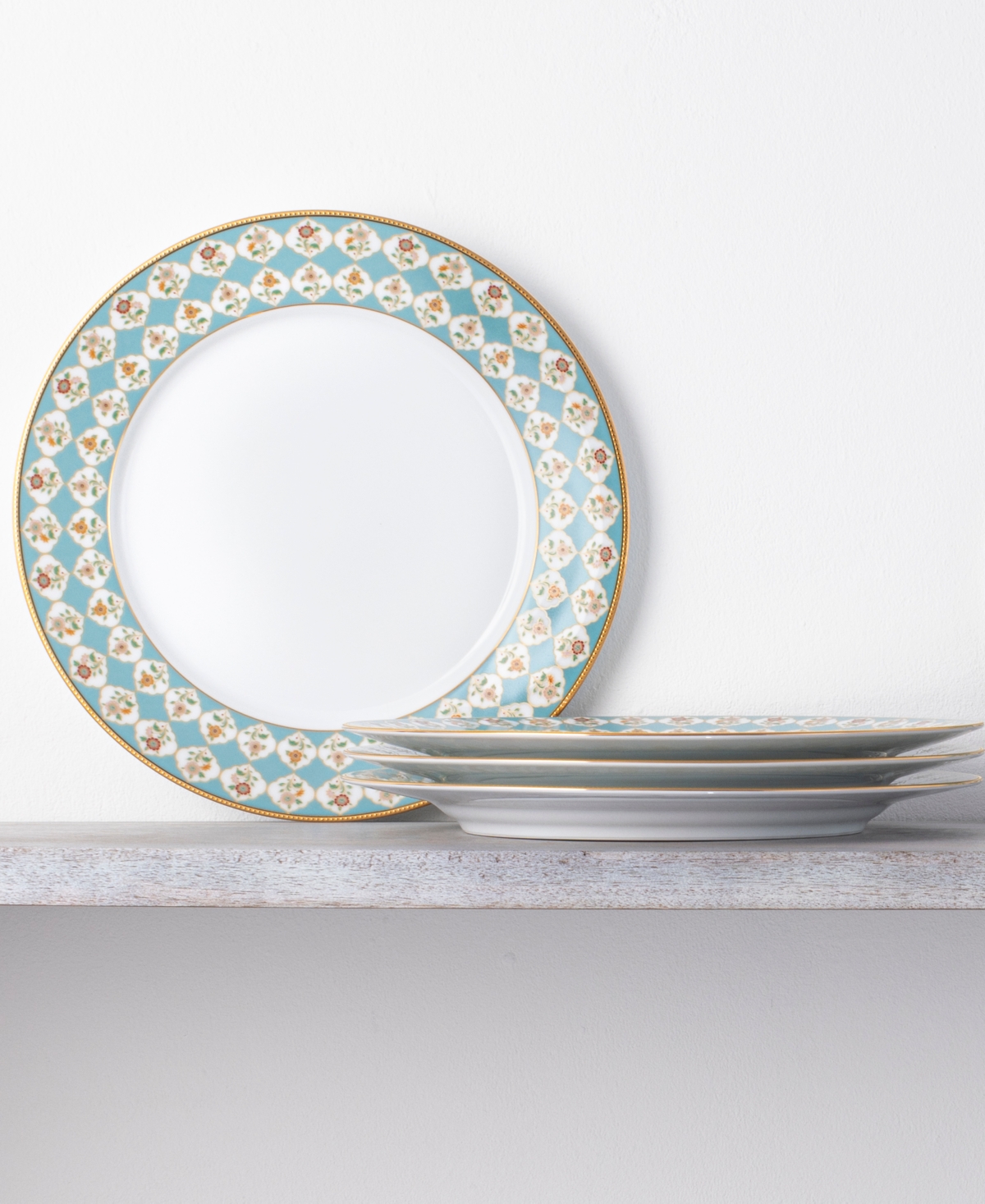 Noritake Lodi's Morning 10.5" Dinner Plates, Set Of 4 In White,blue,gold-tone Band