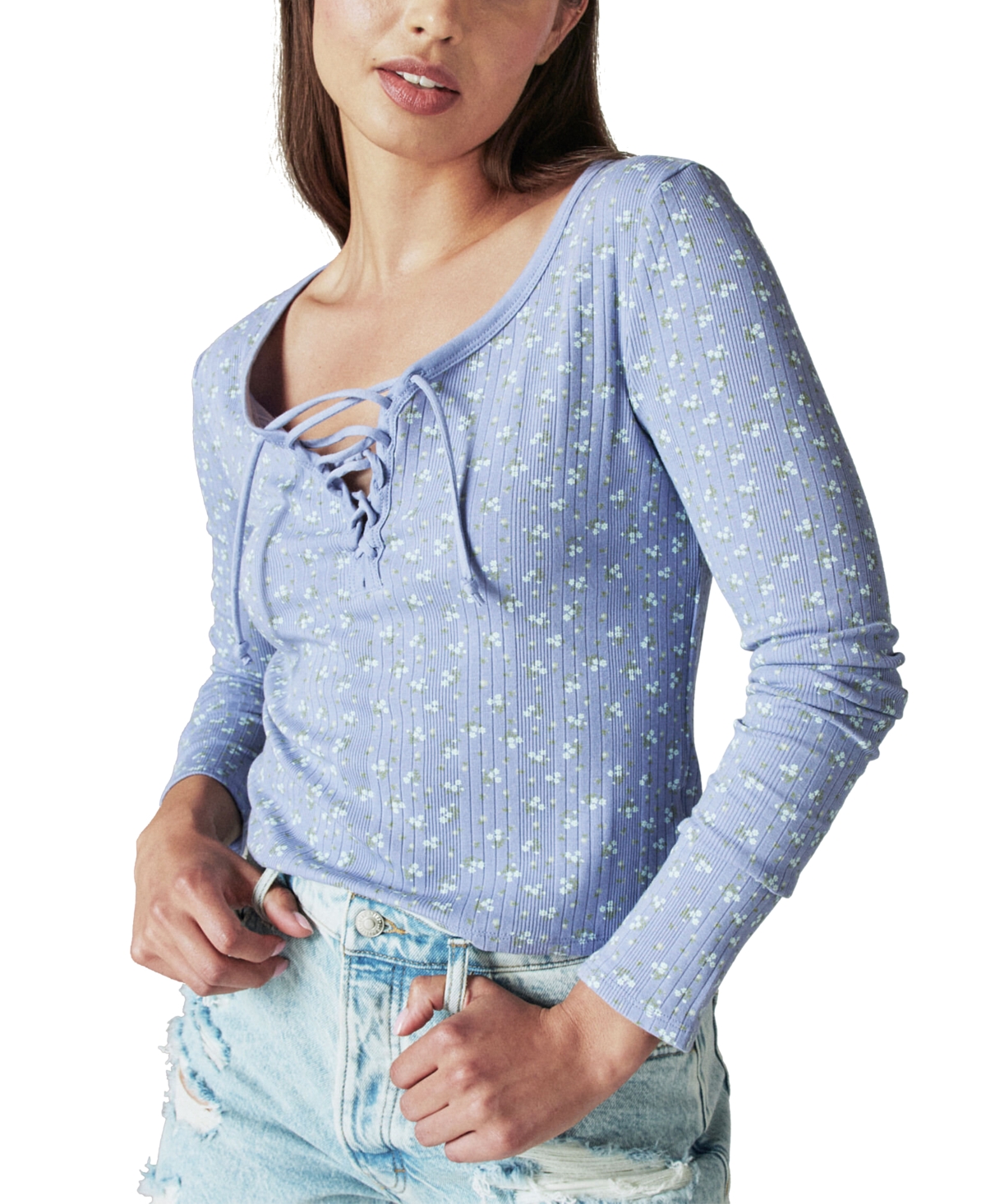 Shop Lucky Brand Ribbed Lace-up Long-sleeve Top In Blue Multi