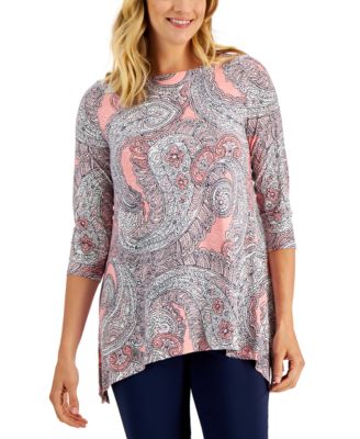 JM Collection - Women's Printed Handkerchief-Hem Top