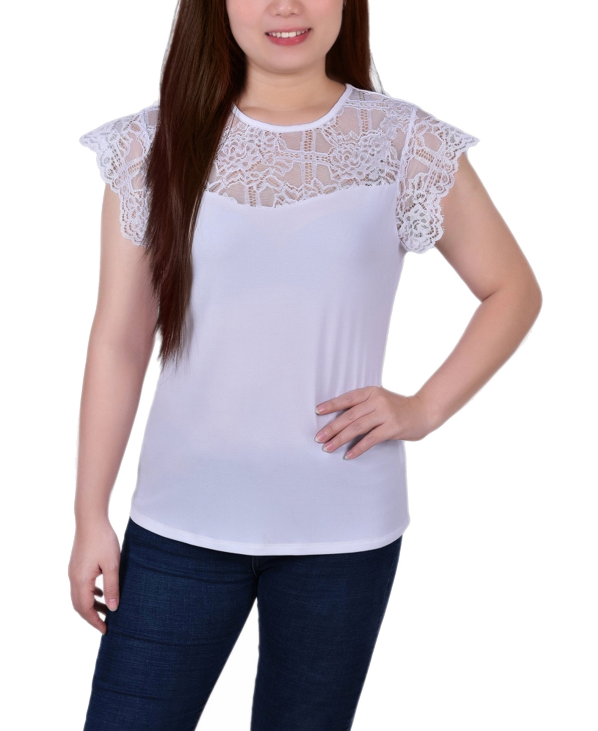 Ny Collection Petite Size Crepe Knit Top With Lace Flanged Sleeve And Yoke In White
