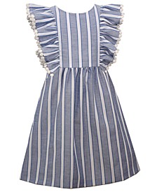 Big Girls Striped Dress with Open Bow Back and Pinafore Ruffles