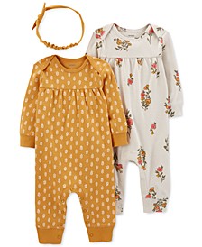 Baby Girls 3-Piece Footless Coveralls and Headband Set