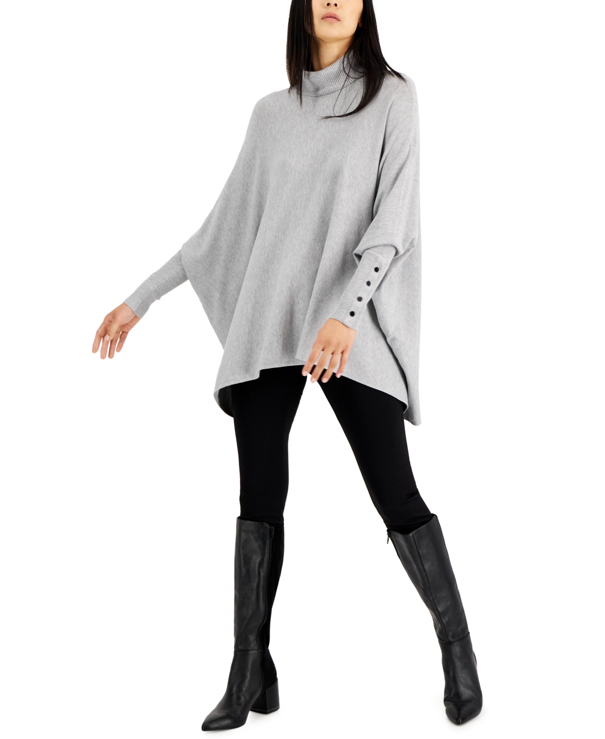 Shop Alfani Women's Turtleneck Poncho Sweater, Created For Macy's In Heather Sterling
