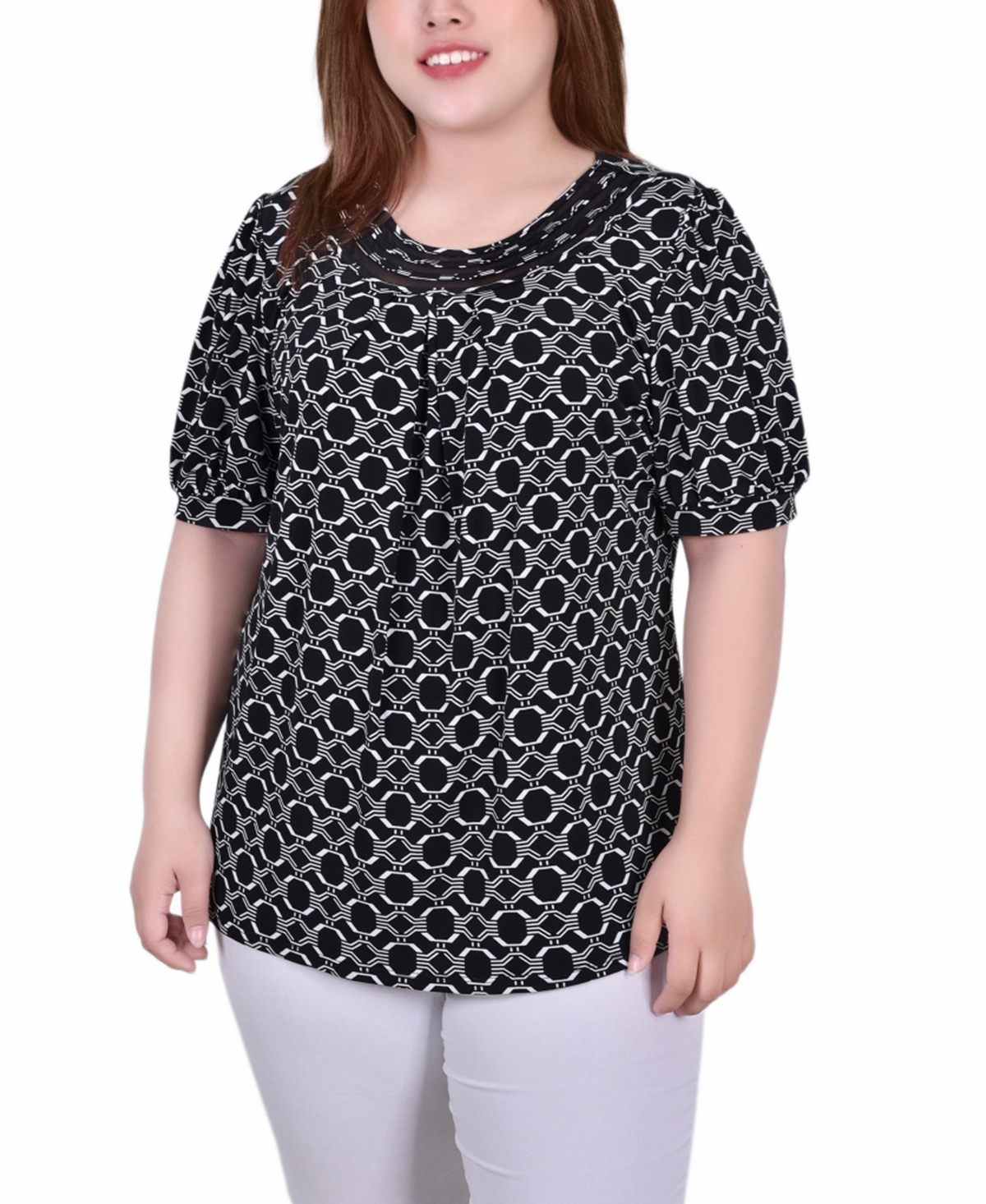 Ny Collection Petite Short Puff Sleeve Mesh Inset Top In Black White Link