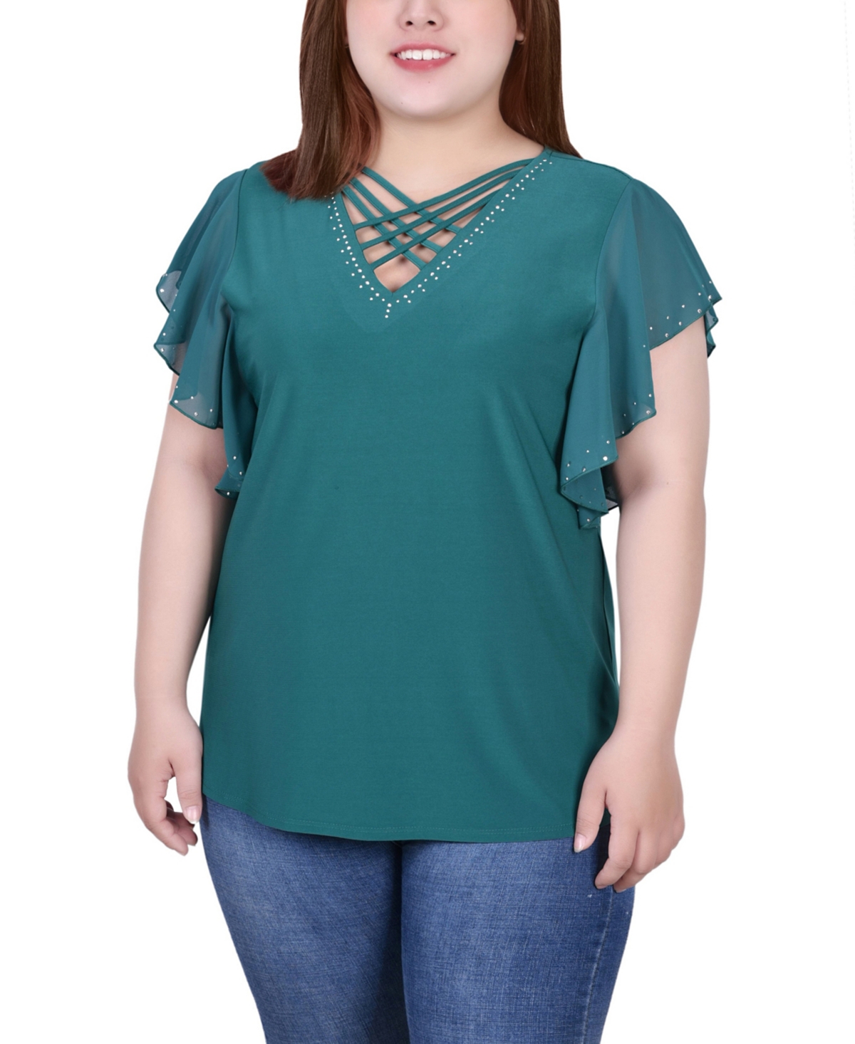 Ny Collection Plus Size Flutter Sleeve Top With Criss Cross Strips In Emerald