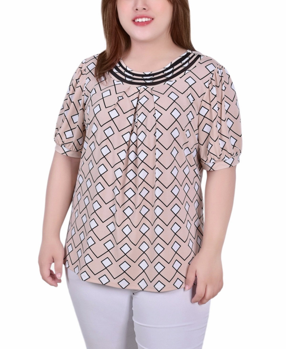Ny Collection Women's Missy Short Puff Sleeve Sheer Inset Top In Moonlight White Diamond