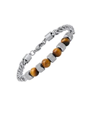 Men's Stainless Steel Wheat Chain and Tiger Eye Beads Bracelet