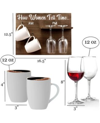 How Woman Tell Time Wall Mounted Wine Rack with Wine Glasses and Coffee Mugs, Set of 5