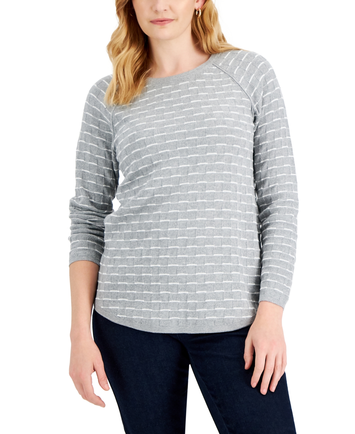 Women's Cotton Tuck-Stitch Sweater, Created for Macy's - Smoke/White Combo