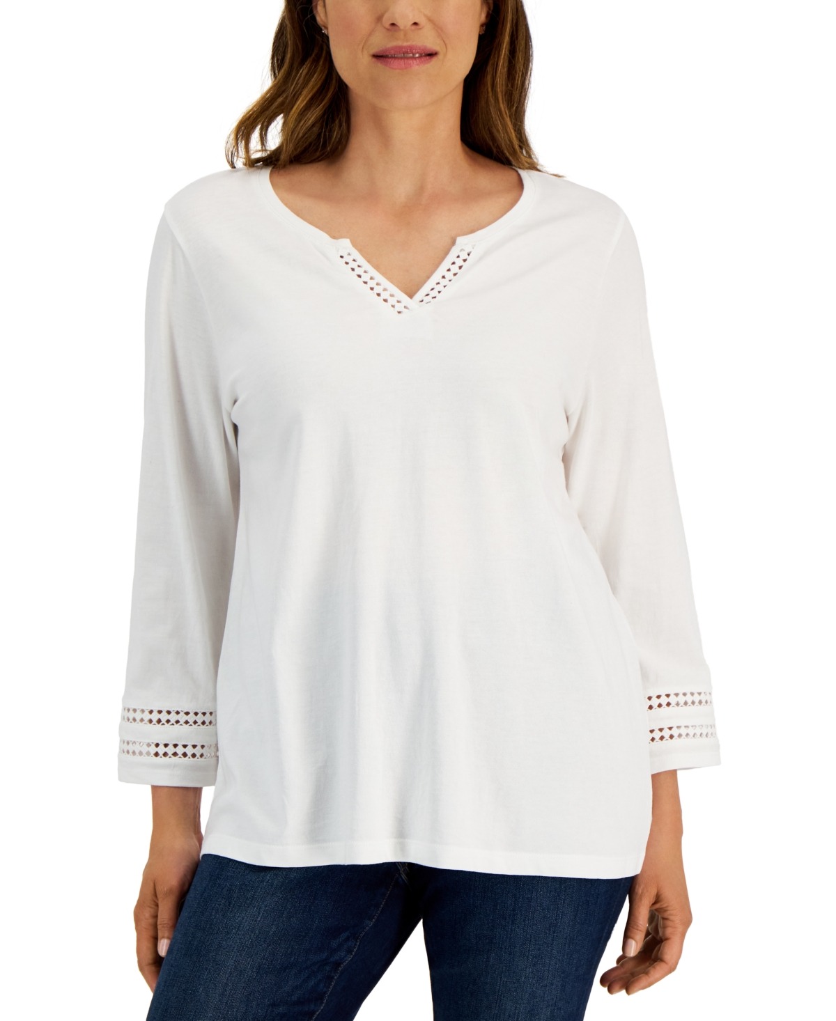 Karen Scott Petite 3/4 Sleeve Cotton Scoop-Neck Top, Created for Macy's - Bright White - Size P/L