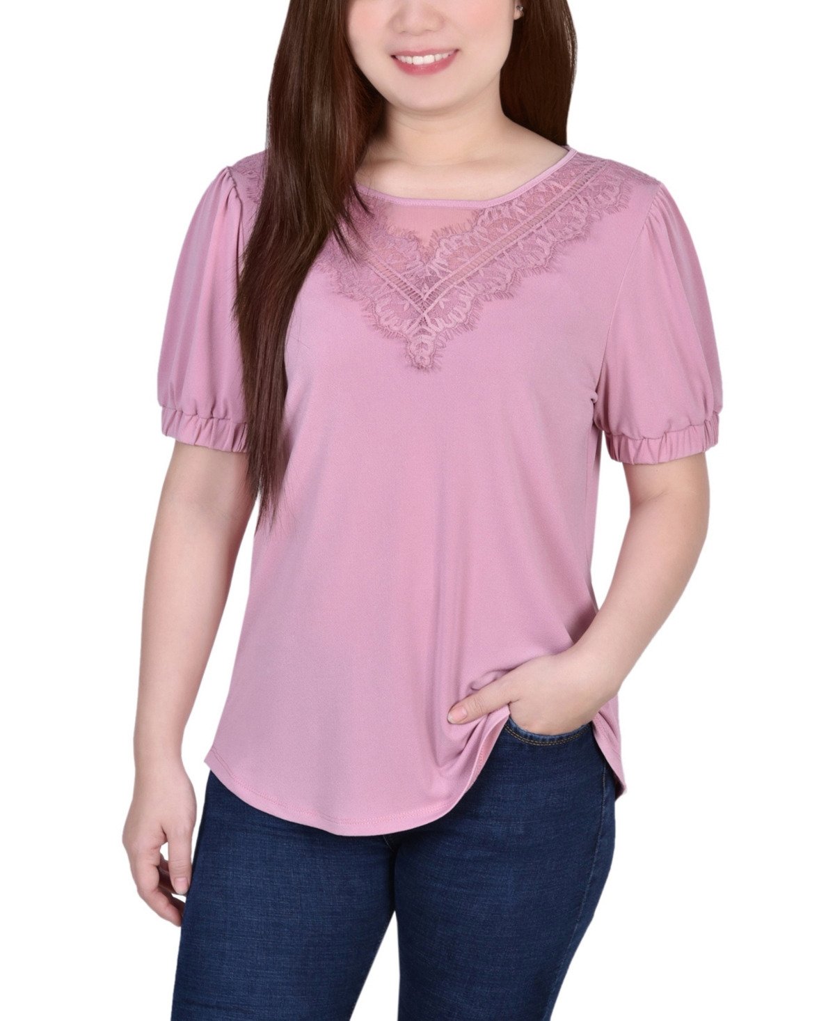 Ny Collection Petite Size Short Puff Sleeve Top With Lace In Lilas