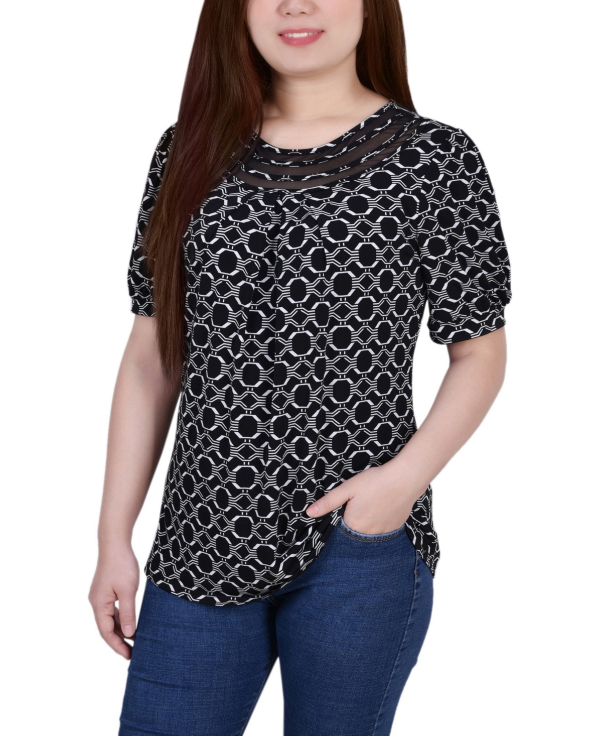 Ny Collection Petite Short Puff Sleeve Mesh Inset Top In Black White Link