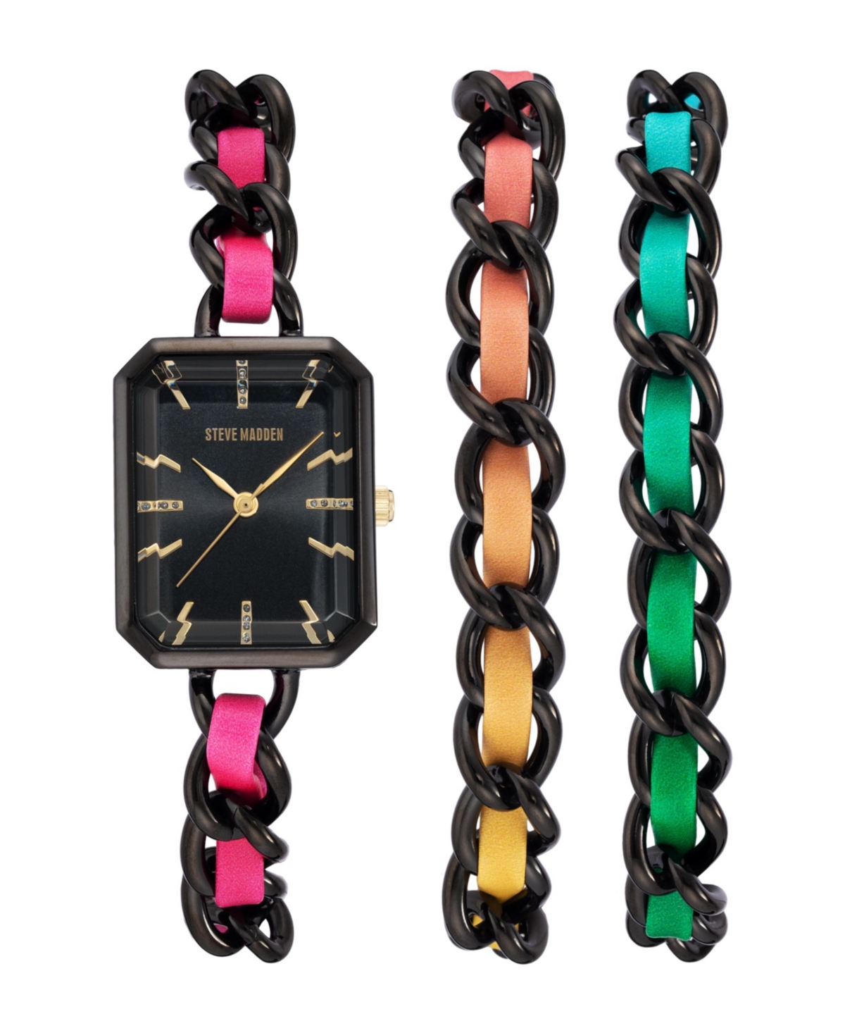 Steve Madden Women's Rainbow Polyurethane Leather Strap With Attached Black-tone Chain Watch Set, 22x28mm In Black,multi