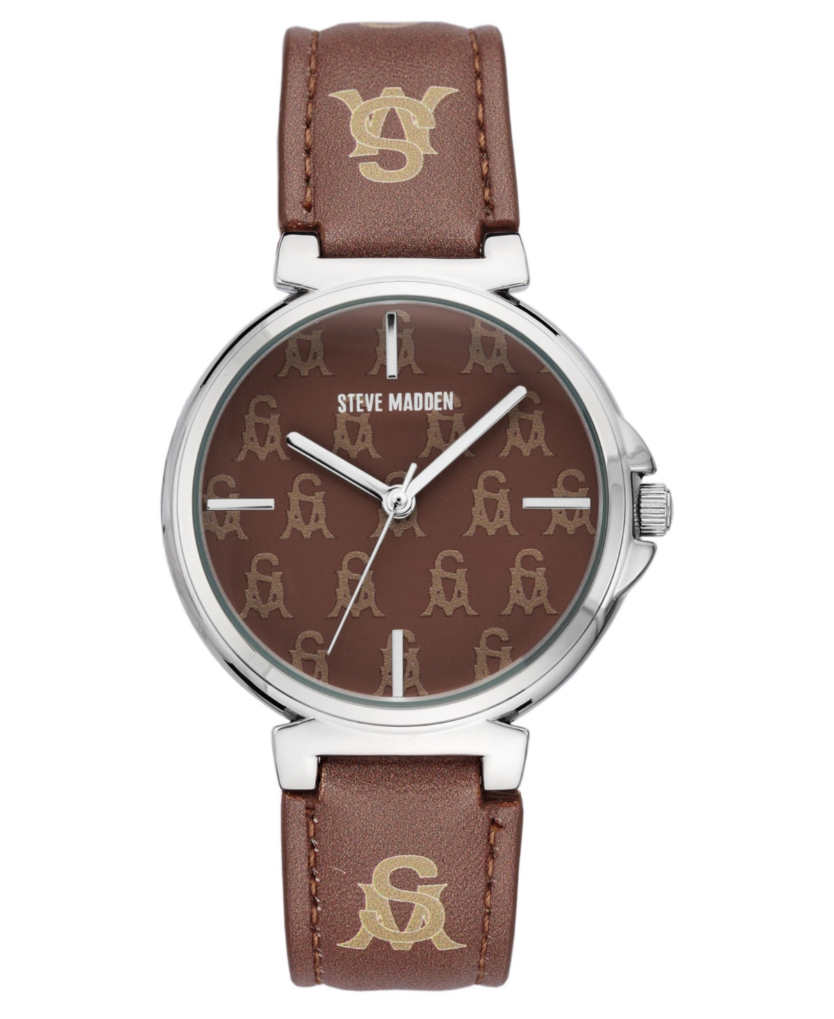 Women's Dual Colored Dark Brown and Light Brown Polyurethane Leather Strap with Steve Madden Logo and Stitching Watch, 36mm - Light, Dark