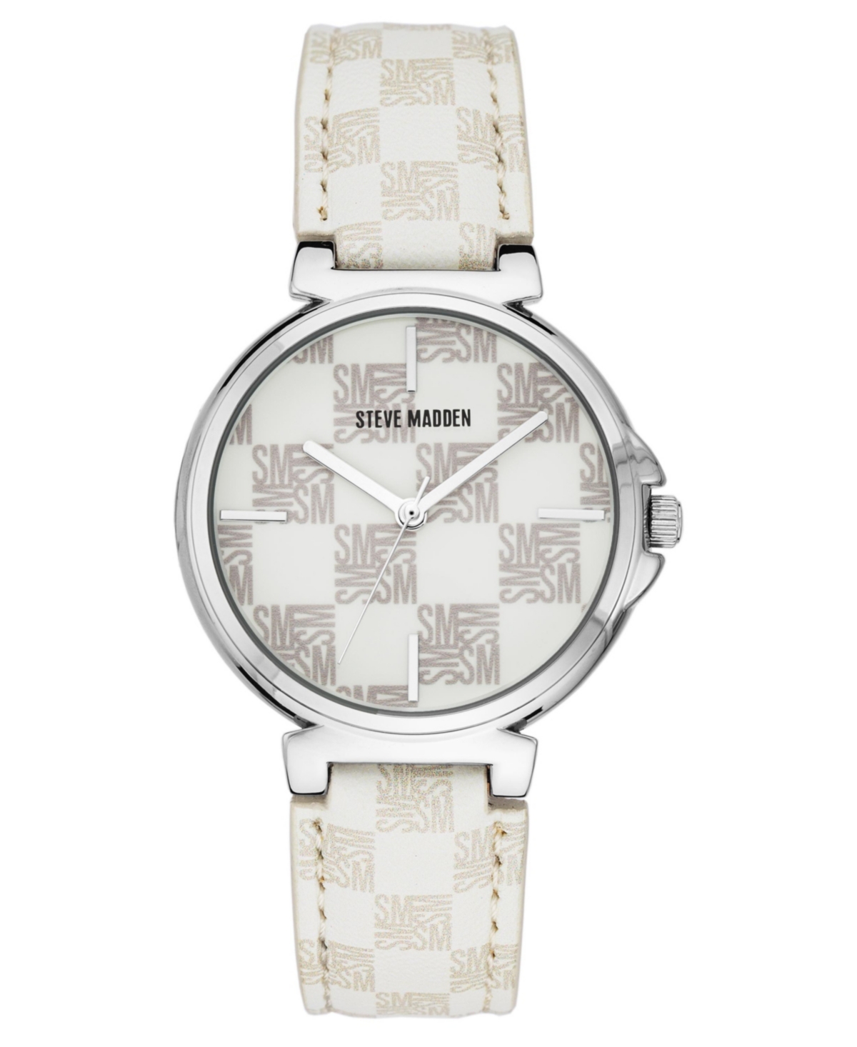 Women's Dual Colored White and Cream Polyurethane Leather Strap with Steve Madden Logo in Checkered Pattern and Stitching Watch, 36mm - W