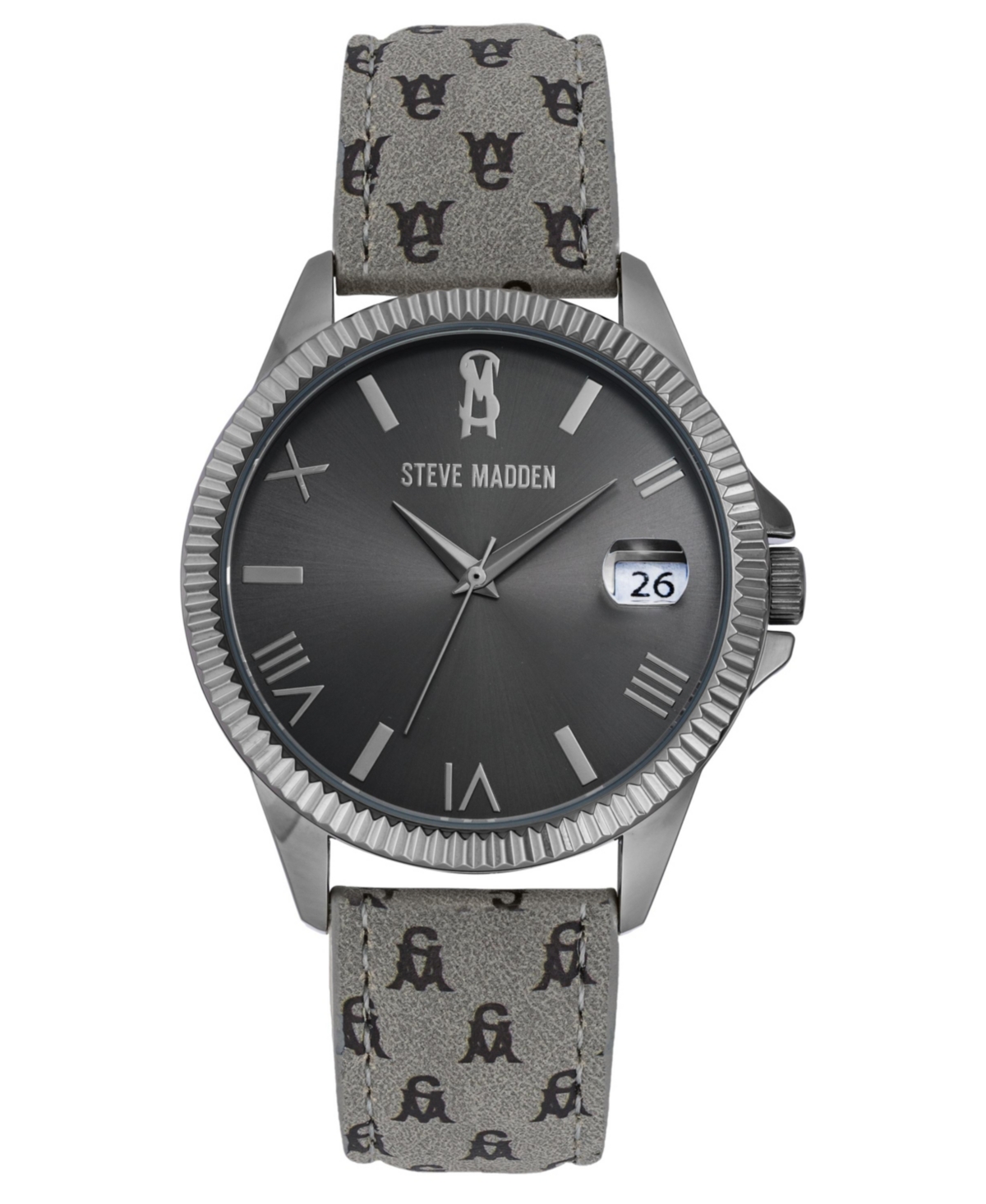 Women's Gray Polyurethane Leather Strap with Black Steve Madden Logo and Stitching Watch, 41mm - Gray, Black