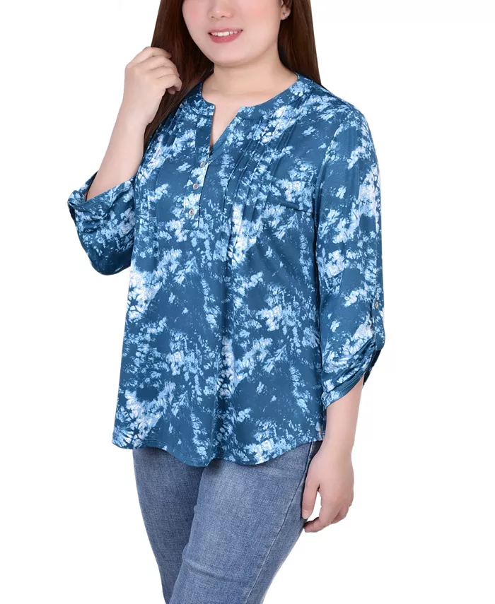 Women's Knit Jacquard 3/4 Sleeve Roll Tab Top - thumbnail 3
