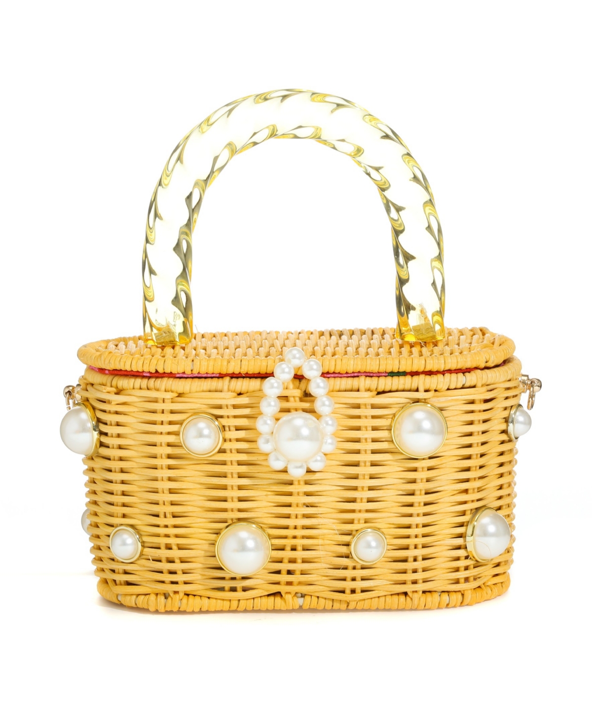 Women's Top Handle Wicker Imitation Pearl-Embellished Mini Bag - Yellow