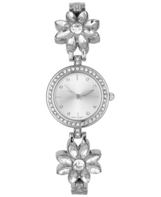 Photo 1 of Charter Club Women's Silver-Tone Mixed Metal Crystal Flower Bracelet Watch, 25mm, 