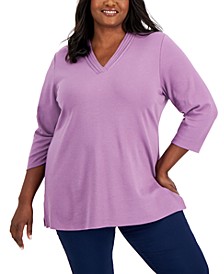 Plus Size Cotton Pleated Neck 3/4-Sleeve Tunic, Created for Macy's