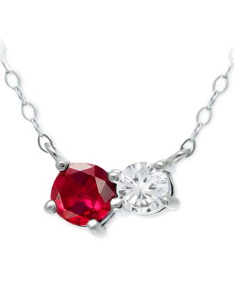 Lab-Grown Ruby & Cubic Zirconia Two-Stone Pendant Necklace, 16" + 2" extender