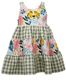 Baby Girls Sleeveless Tiered Mixed Tropical Print and Seersucker Check Dress with Matching Panty