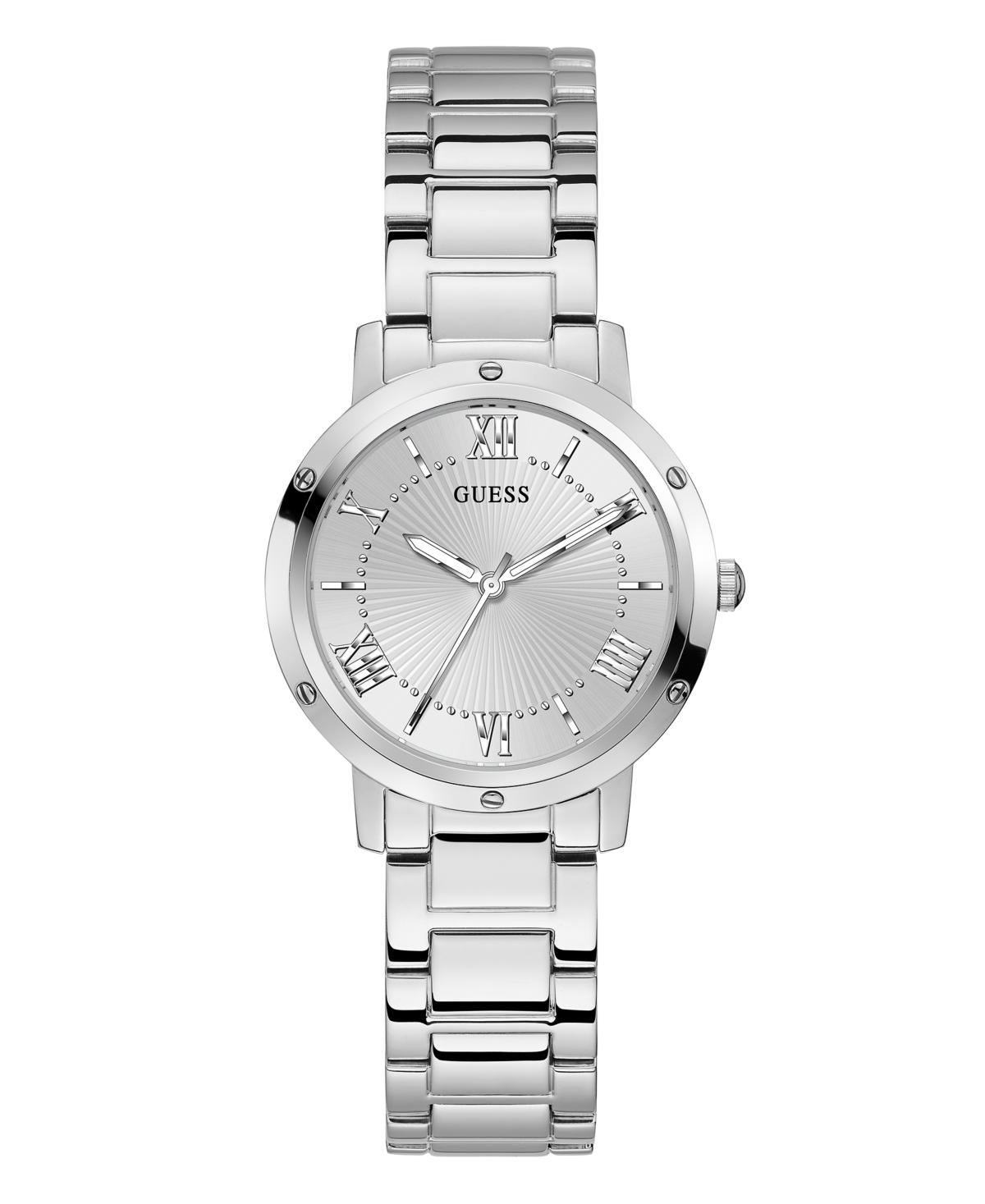 GUESS WOMEN'S SILVER-TONE STAINLESS STEEL BRACELET WATCH, 34MM