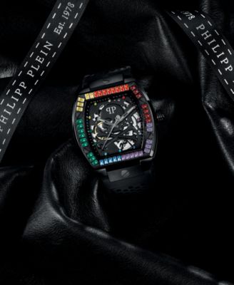 Men's Automatic The $keleton Rainbow Crystal and Black Silicone Strap Watch 44mm