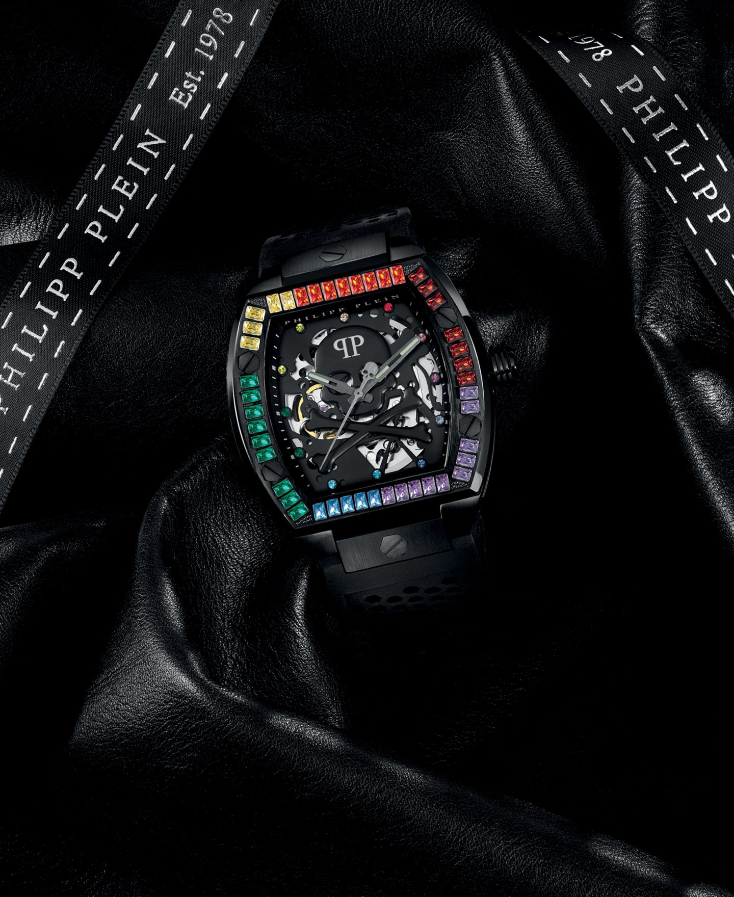 Мужские часы Philipp Plein Automatic The $keleton Rainbow Crystal and Black Silicone Strap Watch 44mm — фото 6