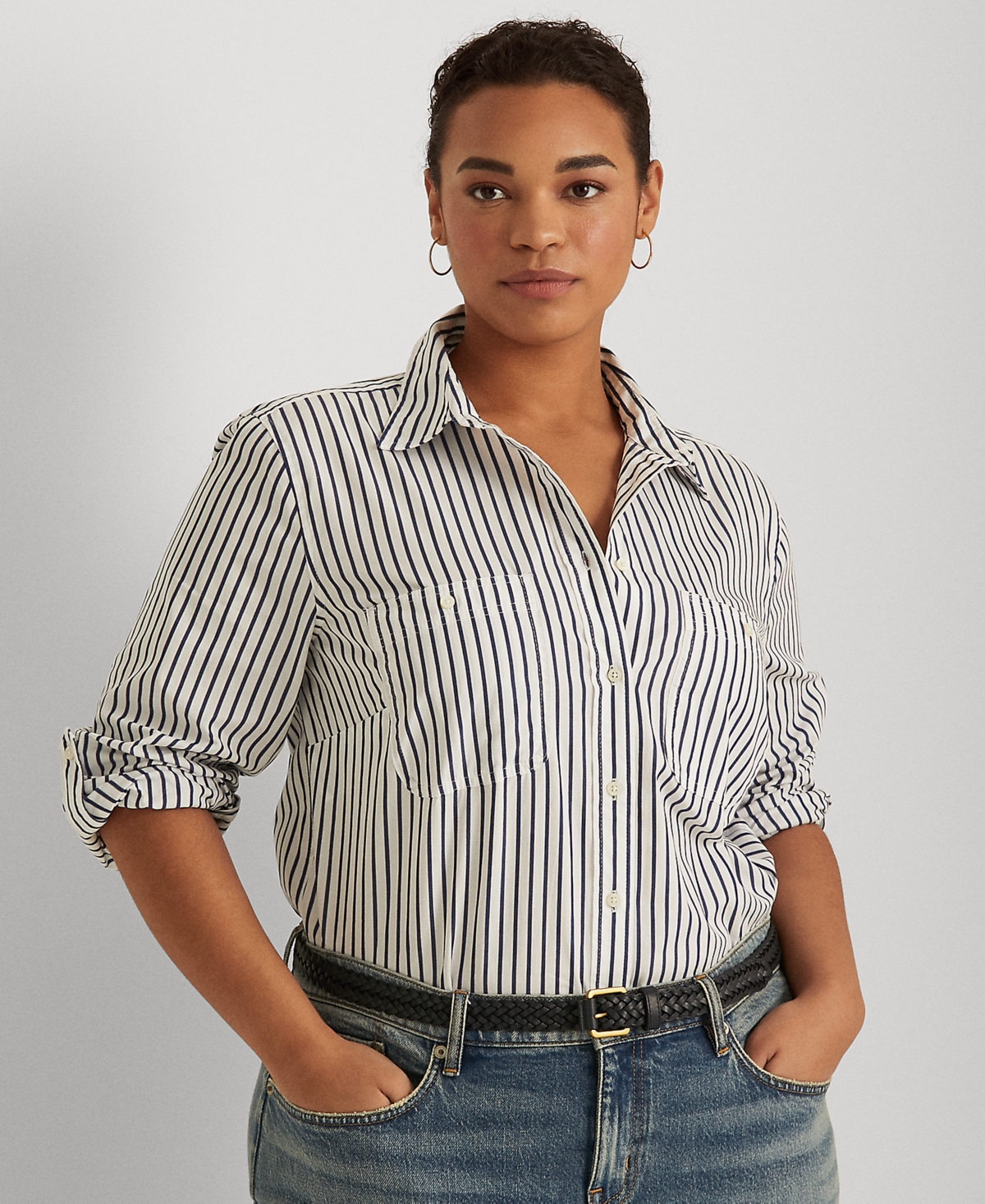 Lauren Ralph Lauren Plus Size Stripe Roll Tab Button-down Shirt In White,blue
