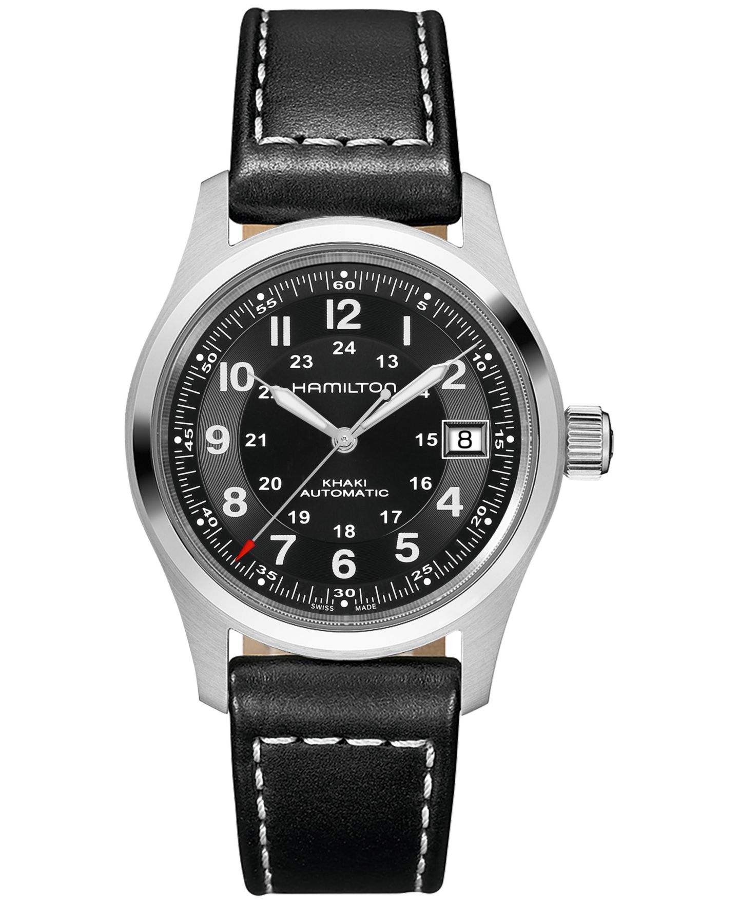 Мужские часы Hamilton Swiss Automatic Khaki Field Black Leather Strap Watch 38mm — фото 1