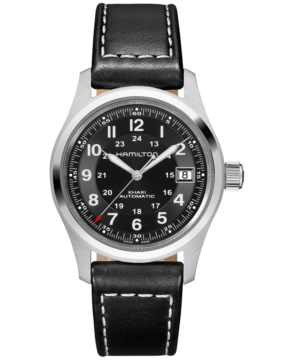 Shop Hamilton Men's Swiss Automatic Khaki Field Black Leather Strap Watch 38mm In No Color