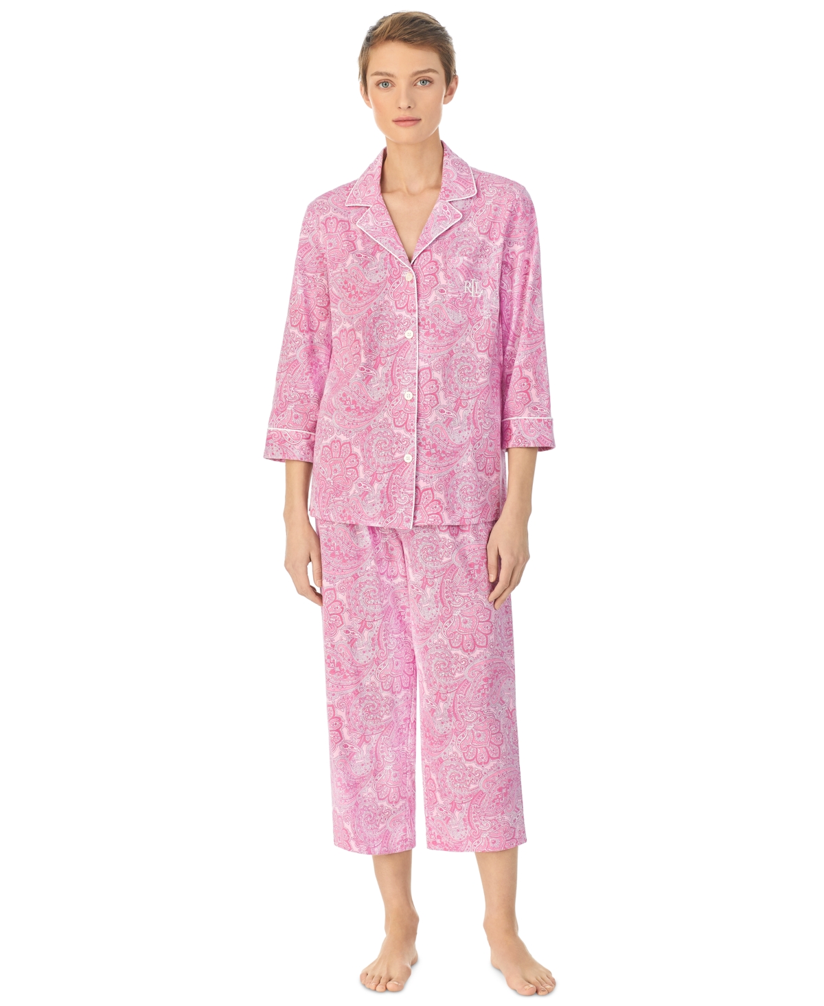 Shop Ralph Lauren Womens 3/4 Sleeve Cotton Notch Collar Capri Pant Pajama Set In 3,4 Capri Pj